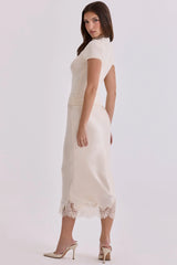 Ciara Vintage Ivory Satin + Lace Midi Skirt