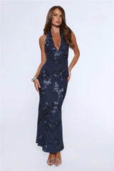 Lime Light Mesh Halter Maxi Dress Navy