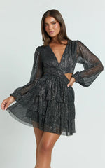 Elaine Mini Dress - Long Sleeve Tiered Plisse Dress in Gunmetal
