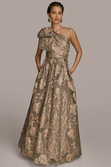 One Shoulder Bow Jacquard Ball Gown