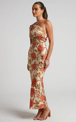 Abagail Midi Dress - One Shoulder Cut Out Dress in Beige Floral