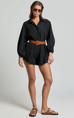 Anka Playsuit - Relaxed Button Front Shirt Playsuit in Black