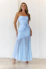 Rosé Mood Strapless Mesh Maxi Dress Blue