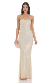 Iridescent Sequin Strapless Maxi Dress In Champagne