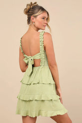 Super Sweet Lime Green Smocked Ruffled Tie-Back Mini Dress