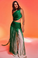 GINA SINGLE SHOULDER FRINGE TOP IN KELLY GREEN