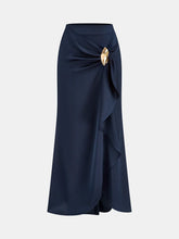 Asymmetric Ruffle Metal Detail Satin Maxi Skirt
