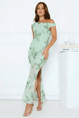 Studio Flora Mesh Off The Shoulder Maxi Dress Sage