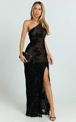 Shelby Maxi Dress - One Shoulder Rosette Fitted Applique Dress in Black