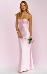 Chilli Pink Beaded Bust Satin Maxi Dress