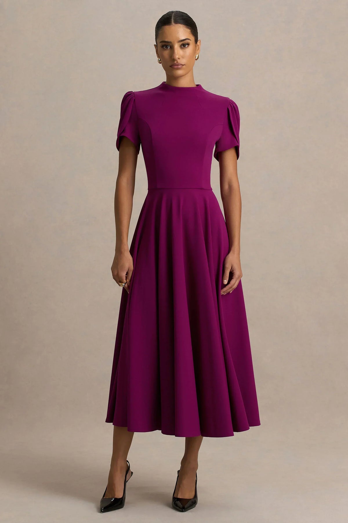 Vicky | Mulberry High Neck Midi Dress With Puff Sleeves