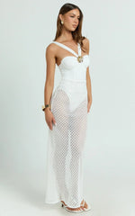 Adalia Maxi Dress - Strappy Hardware Rosette Trim Jersey Bodysuit Crochet Column Skirt Dress in Off White
