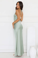 Spiced Sunset Satin Halter Maxi Dress Sage