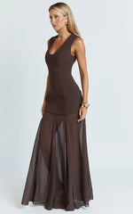 Frances Maxi Dress - Contrast U Neck Godet A Line Dress In Chocolate