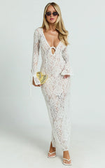 Paula Maxi Dress - Lace V Neck Long Sleeve Column Dress in White