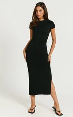 Elaine Midi Dress - Short Sleeve Slim Fit Bodycon Dress in Black