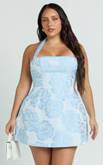 Gabbie Mini Dress Jacquard Halter Fit And Flare Dress in Blue
