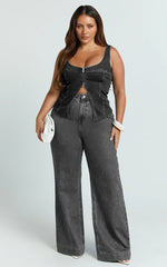 Bellerose Top - Front Zip Denim Fitted Top in Washed Black