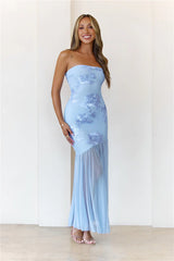 Rosé Mood Strapless Mesh Maxi Dress Blue