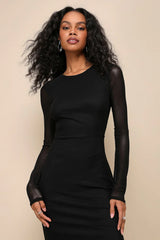 Pristine Poise Black Mesh Cutout Long Sleeve Maxi Dress