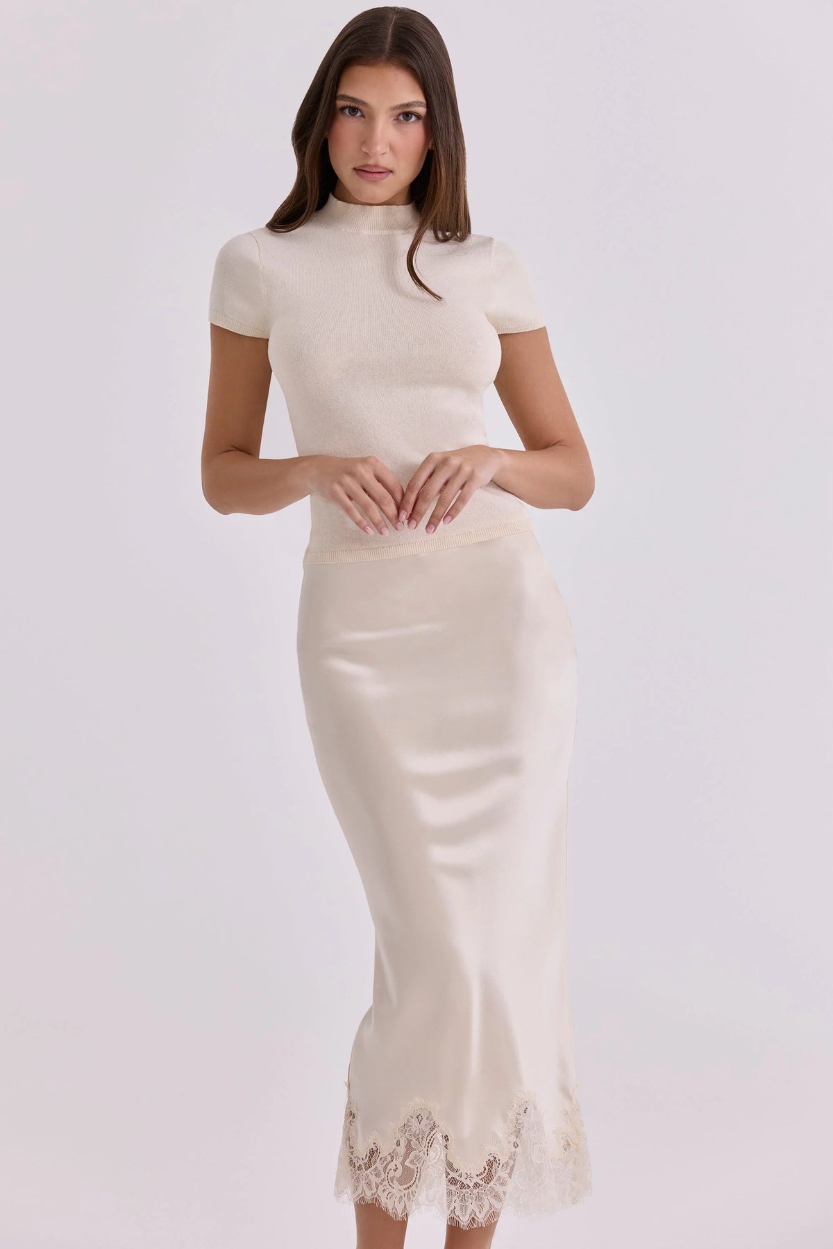 Ciara Vintage Ivory Satin + Lace Midi Skirt