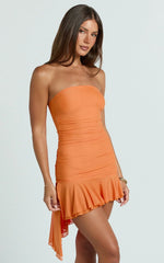 Haylee Mini Dress - Mesh Strapless Drop Waist Dress in Orange