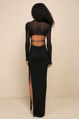 Pristine Poise Black Mesh Cutout Long Sleeve Maxi Dress