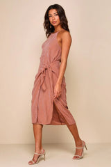 Amalfi Muse Rust Brown Striped Cutout Faux Wrap Midi Dress