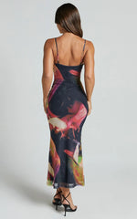 Rashida Midi Dress - V Neck Mesh Printed Dress in Floral Blur