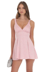 Floral Jacquard Bow Tie Dress in Dusty Pink